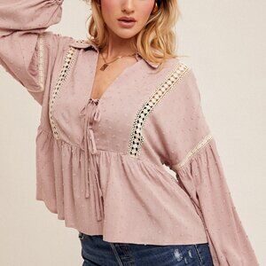 HEM & THREAD Mauve Swiss Dot Lace Trim Blouse, Boho Peasant Top with Tie Front